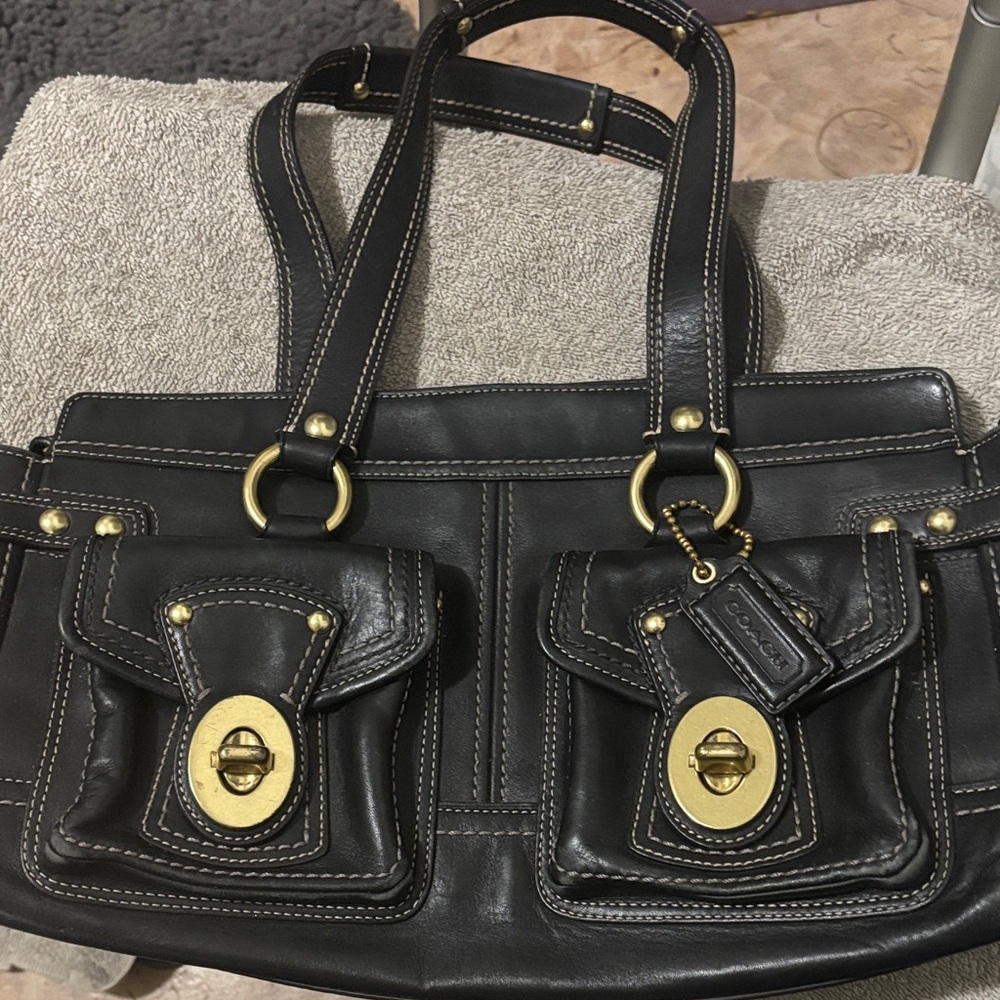 Black Leather Handbag with Gold Accents